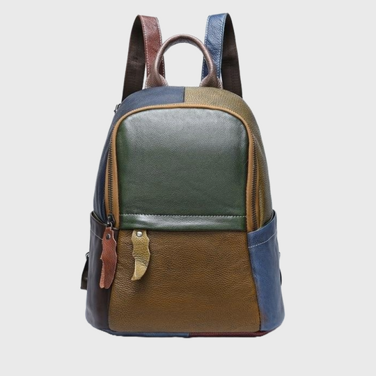 Large colorful genuine leather backpack with green, yellow, blue, and red pattern