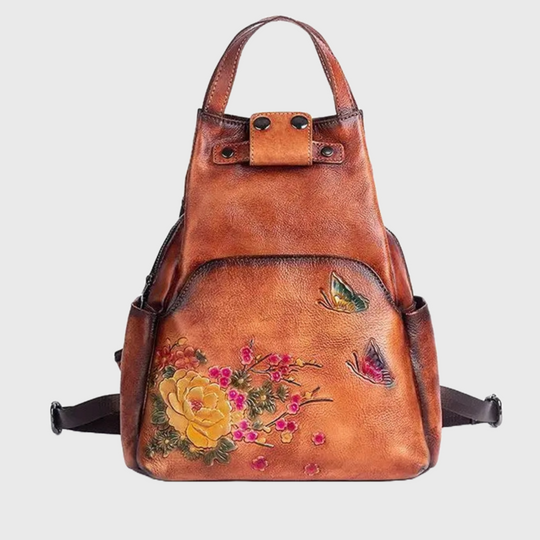 Luxury floral genuine leather backpack with large capacity