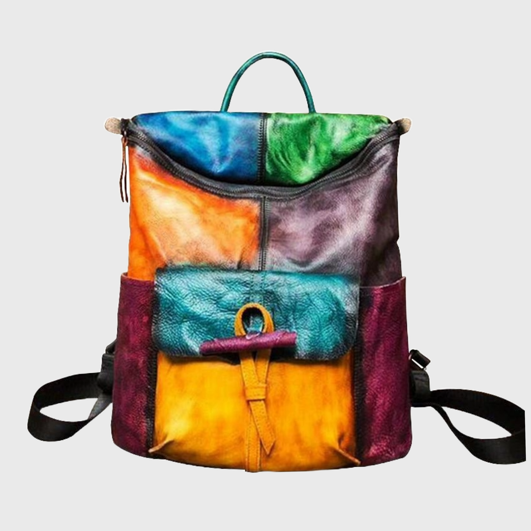 Multi-color leather cowhide backpack with patchwork design