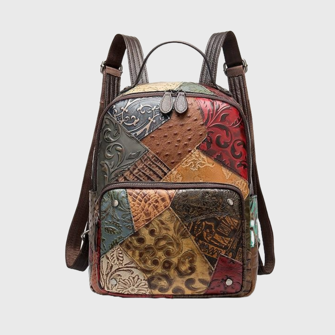 Genuine leather embossed floral backpack with patchwork design