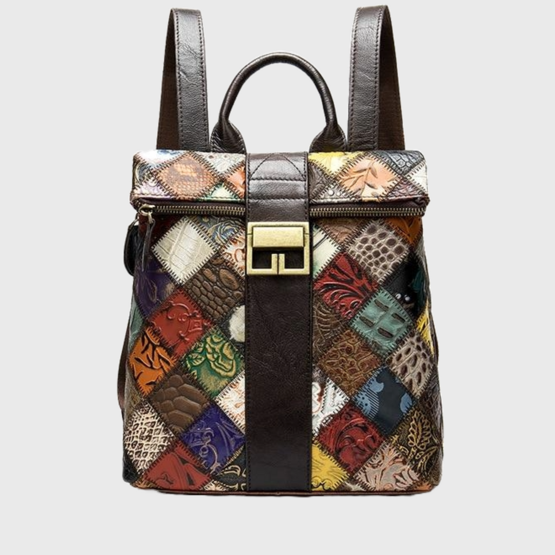 Colorful and trendy patchwork design on leather backpack for women