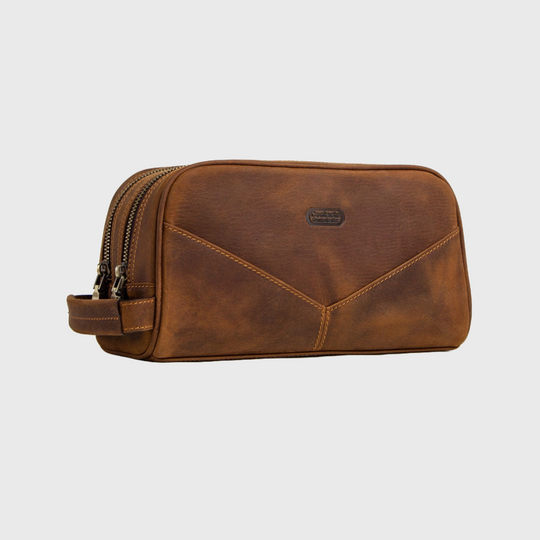 Brown men's dopp kit with Crazy Horse leather construction