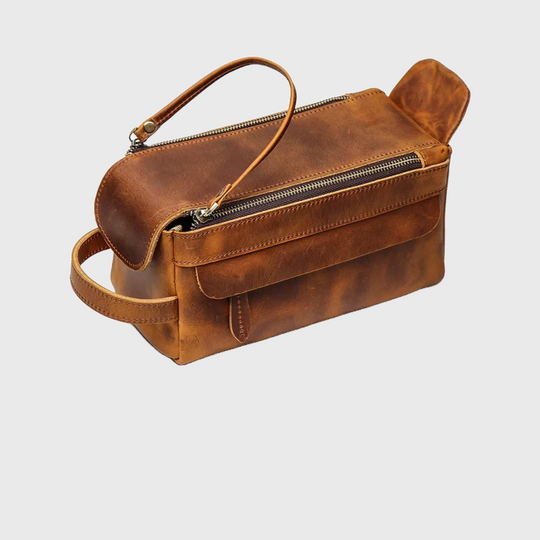 High-quality brown leather travel toiletry bag