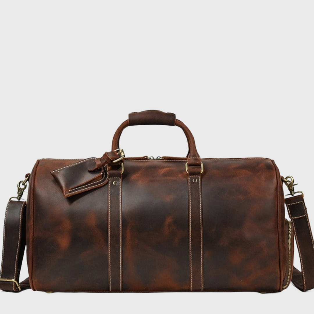 Brown leather crossbody duffle bag for men