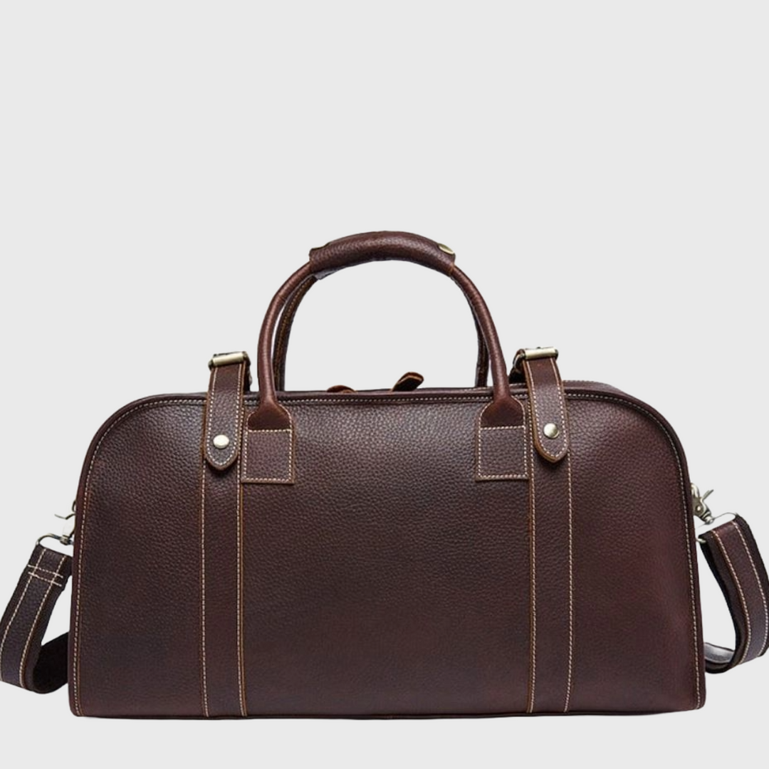 Stylish brown leather crossbody duffle bag
