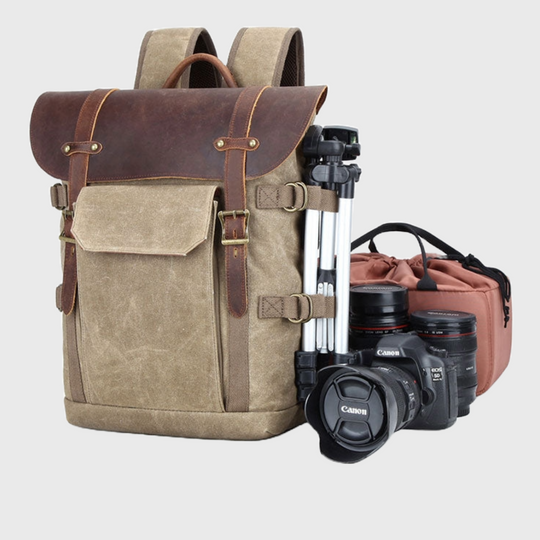 Waxed canvas camera and lens backpack