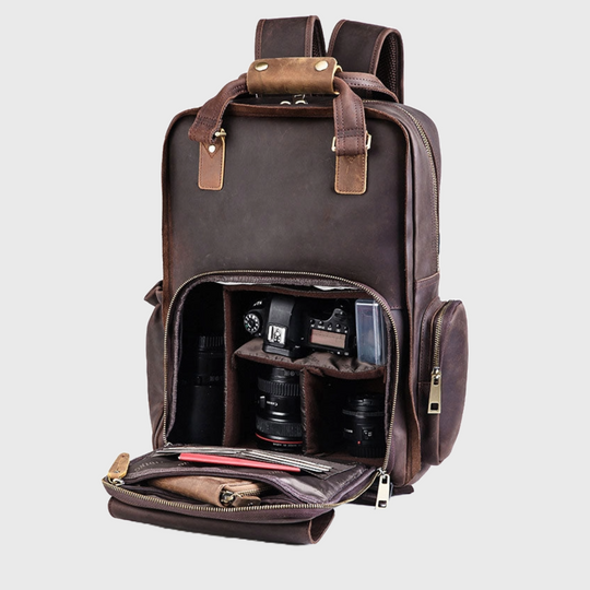Men's Crazy Horse leather camera and lens backpack