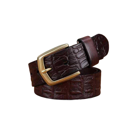 Crocodile Effect Leather Belt With Gold Buckle For Men, Garri Model - Leather Purse Backpack