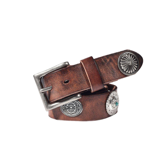 Studded Belt For Men In Aged Leather and Decorations, Mauli Model