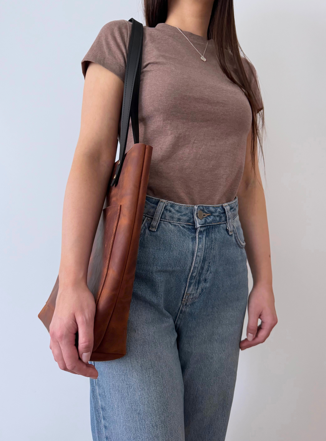 Cognac Smooth Pebbled Leather Tote Bag