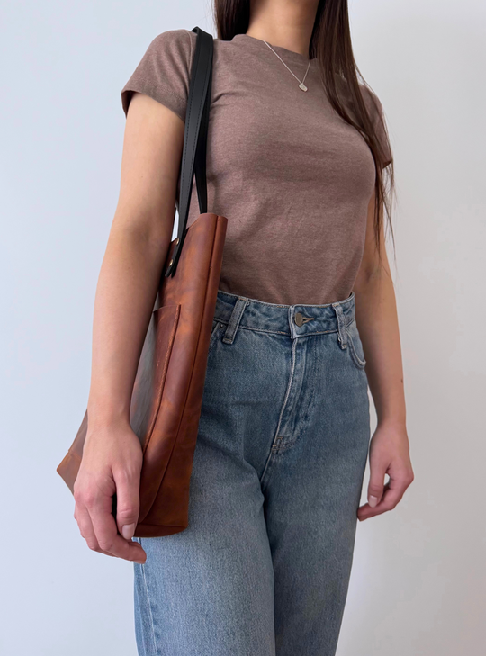 Cognac Smooth Pebbled Leather Tote Bag