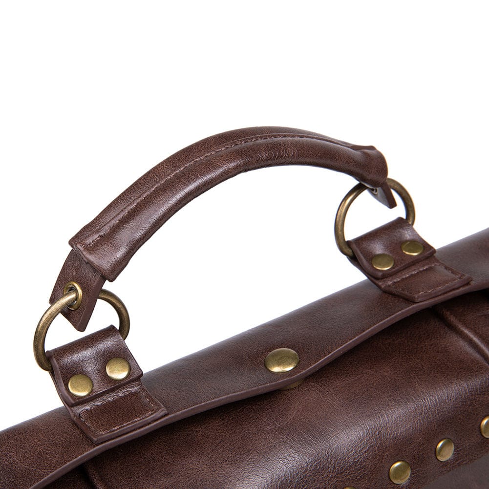 Fashionable steampunk-inspired vegan leather bag for crossbody wear