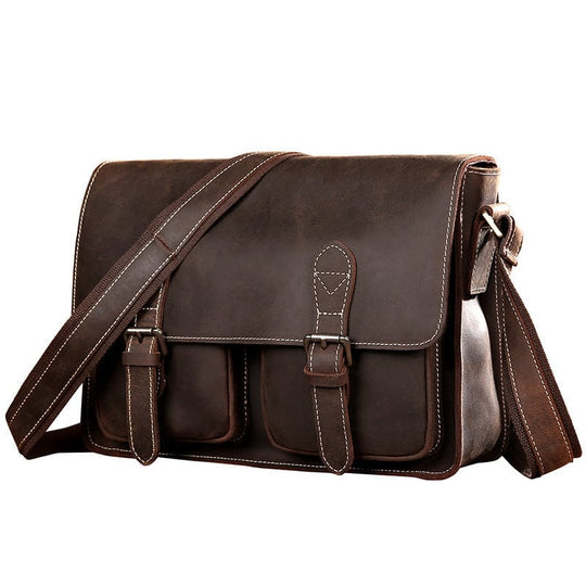 Men's brown leather shoulder bag with crossbody strap