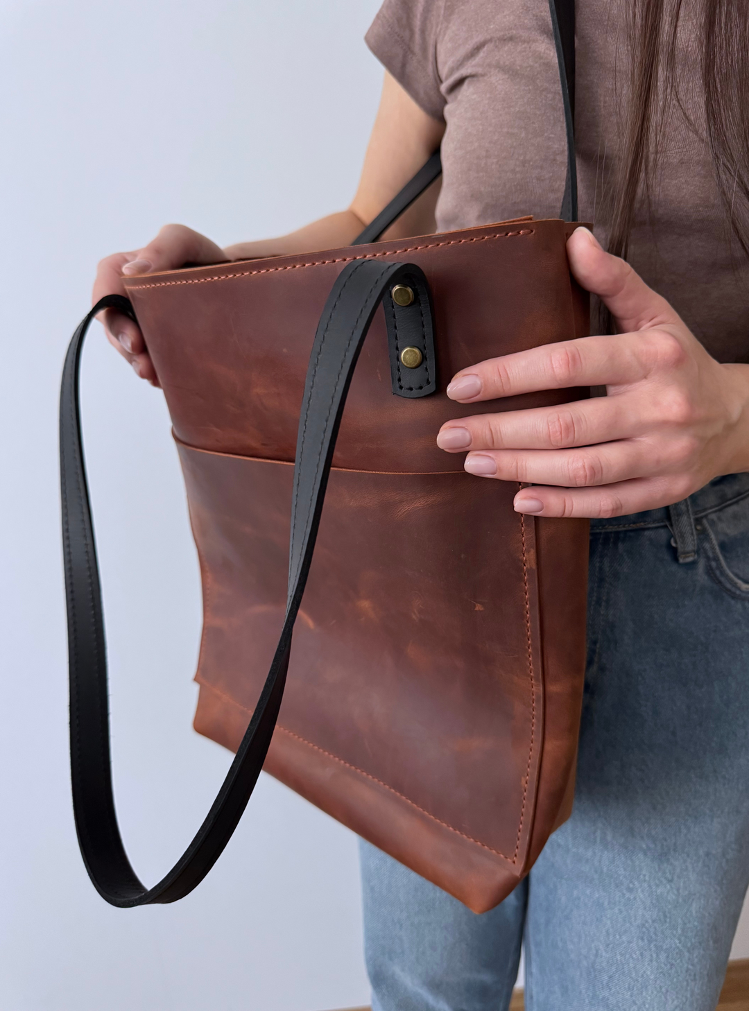 Cognac Smooth Pebbled Leather Tote Bag