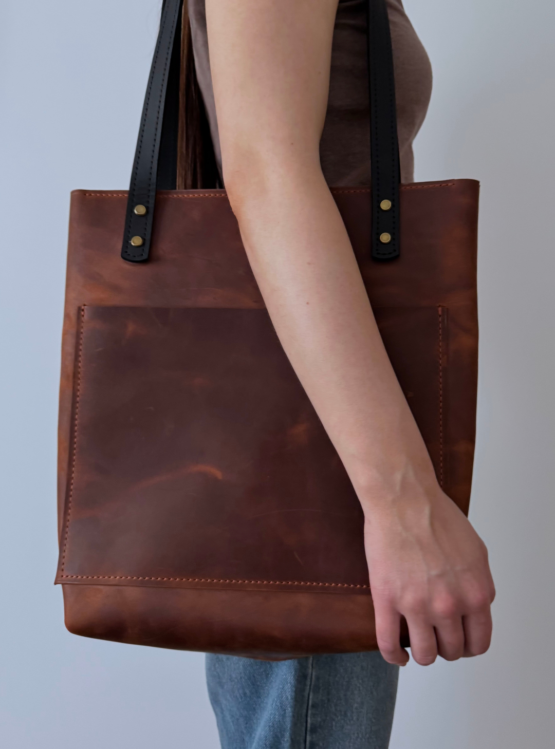 Cognac Smooth Pebbled Leather Tote Bag