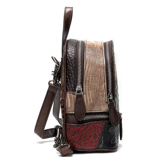 Trendy leather backpack with vibrant patterns