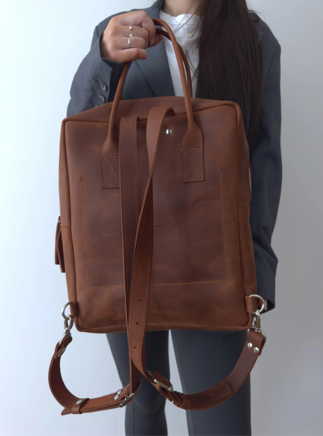 Cognac Leather City Backpack Brown