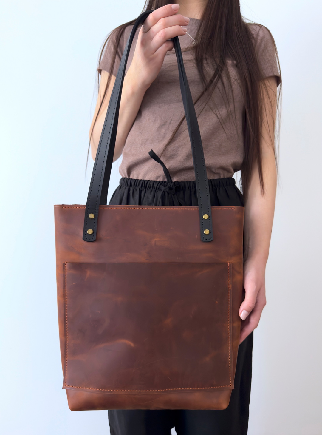 Cognac Smooth Pebbled Leather Tote Bag