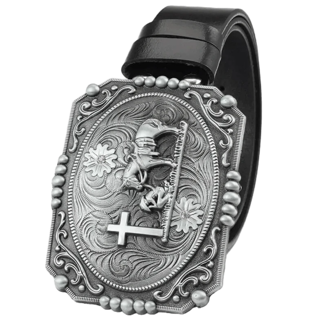 Designer "Praying Cowboy" Leather Belt For Men - Leather Purse Backpack