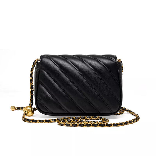 Elegant leather crossbody bag with quilted flap and chain shoulder strap