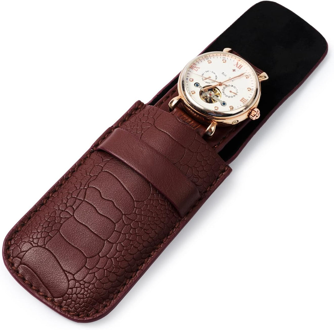 Classic Burgundy Single Slot Leather Flap Watch Pouch