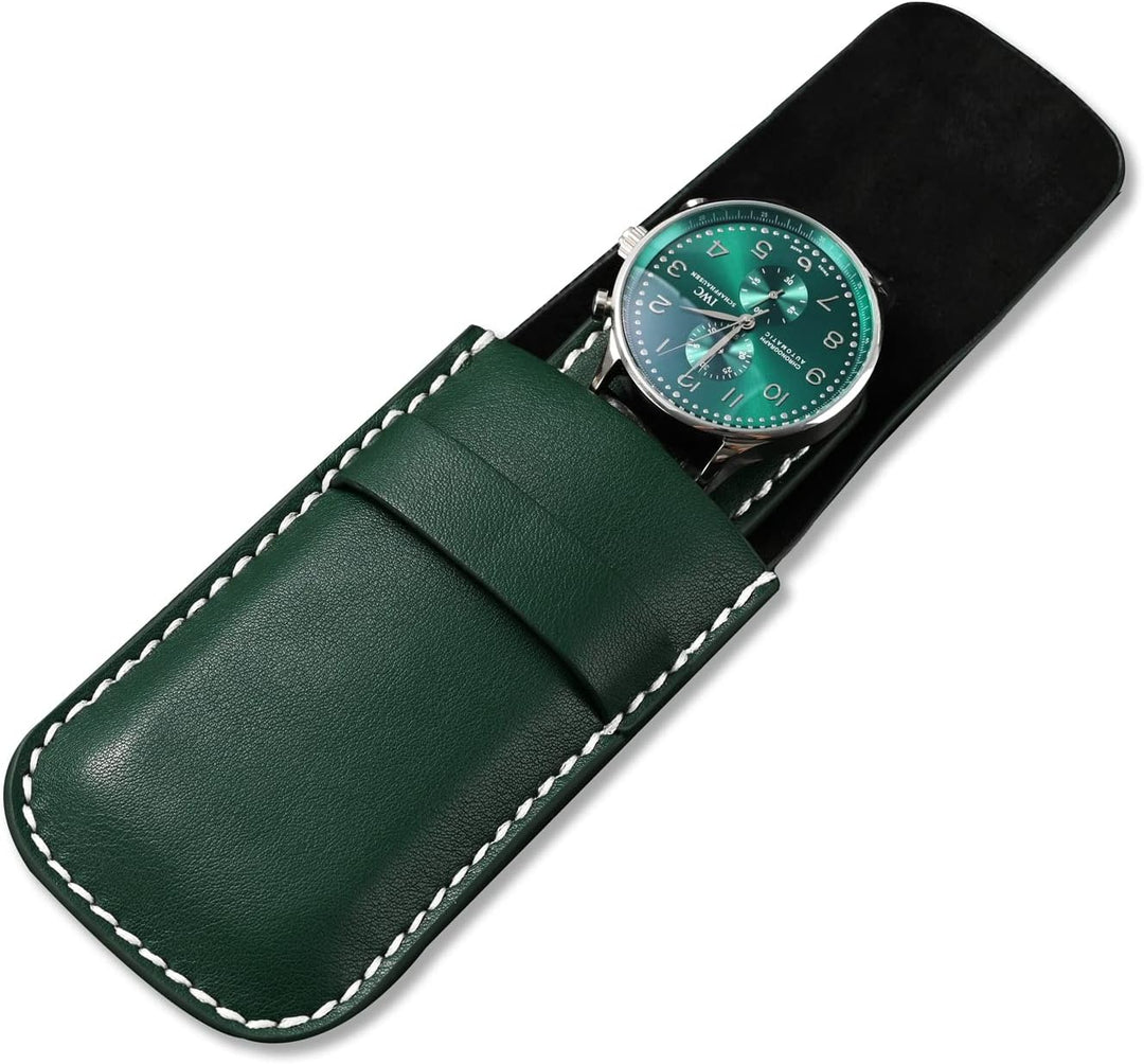 Green Single Slot Leather Flap Watch Pouch