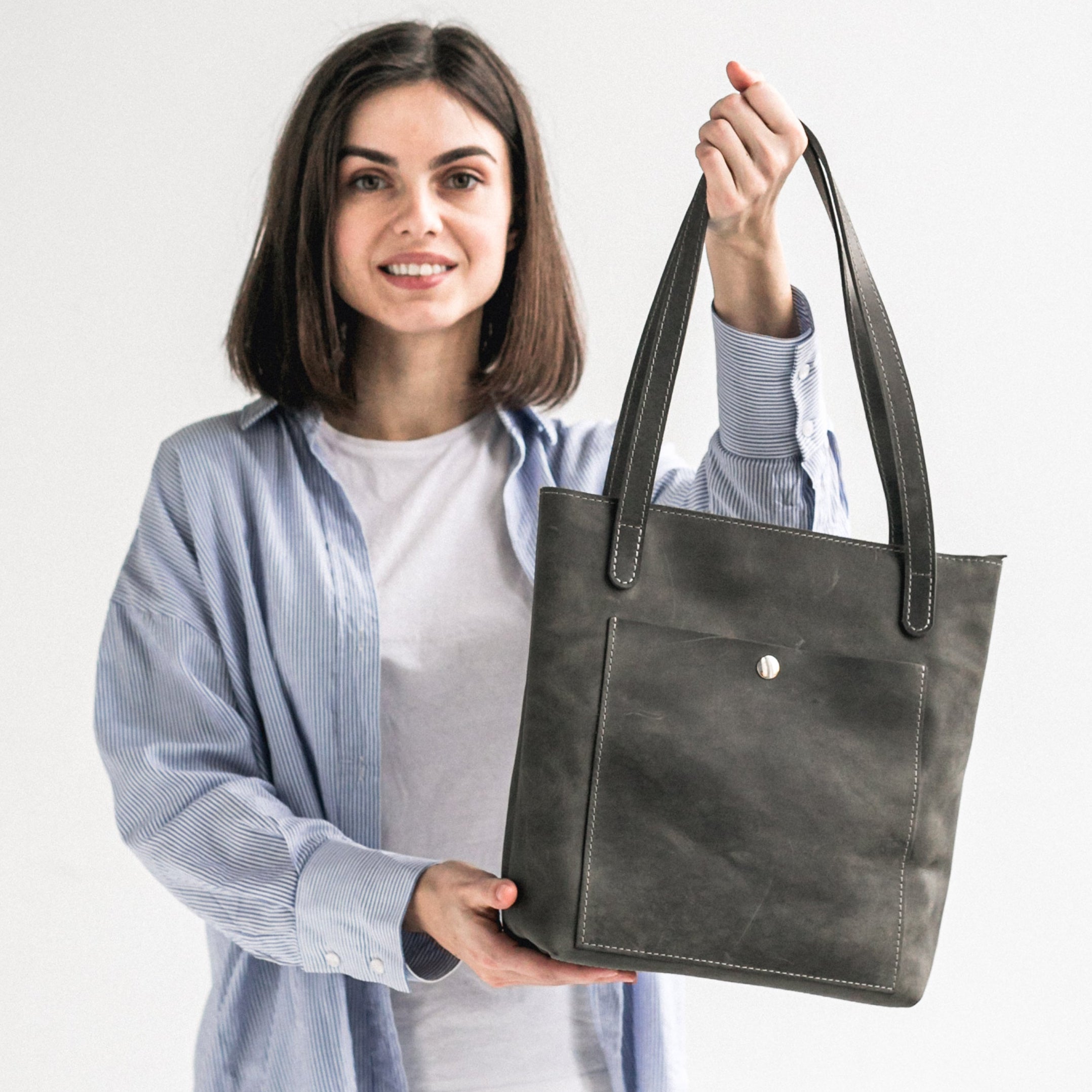 Grey leather tote bag - Leather Purse Backpack