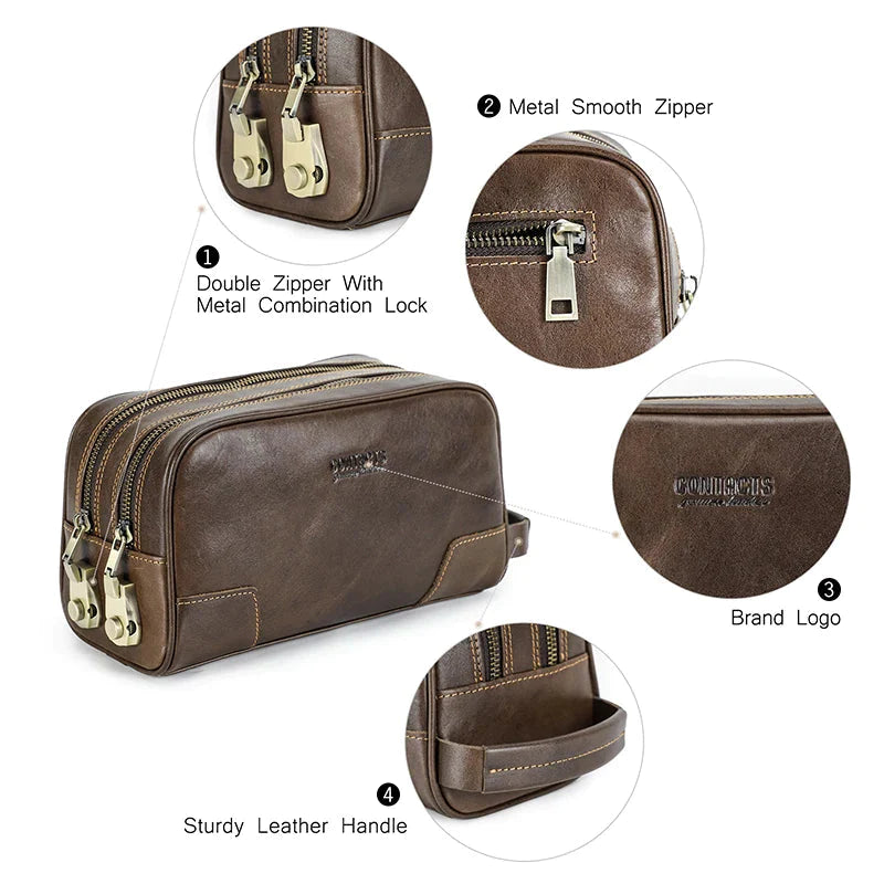 Travel-friendly leather toiletry case for both genders