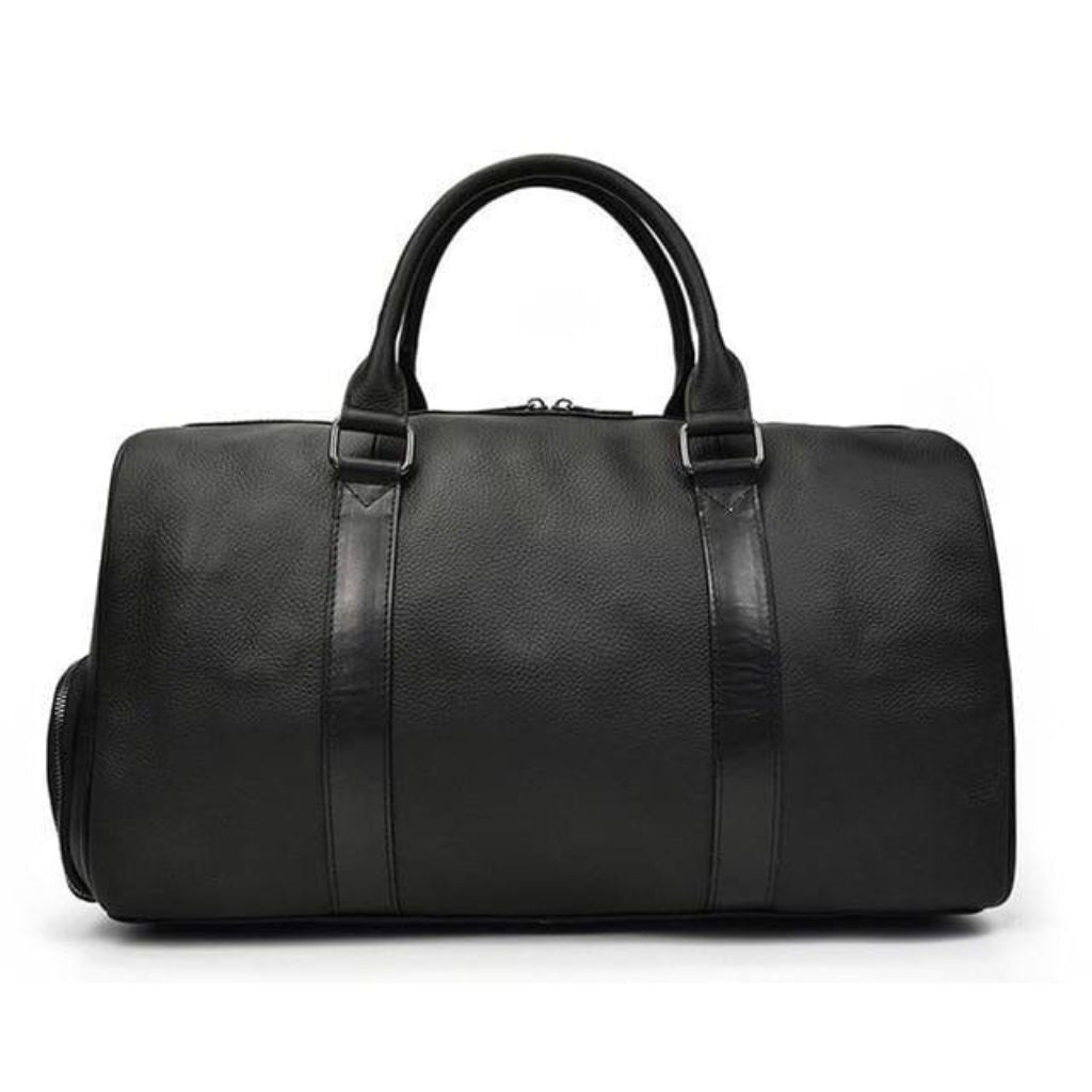 Luxurious black leather weekend duffle bag
