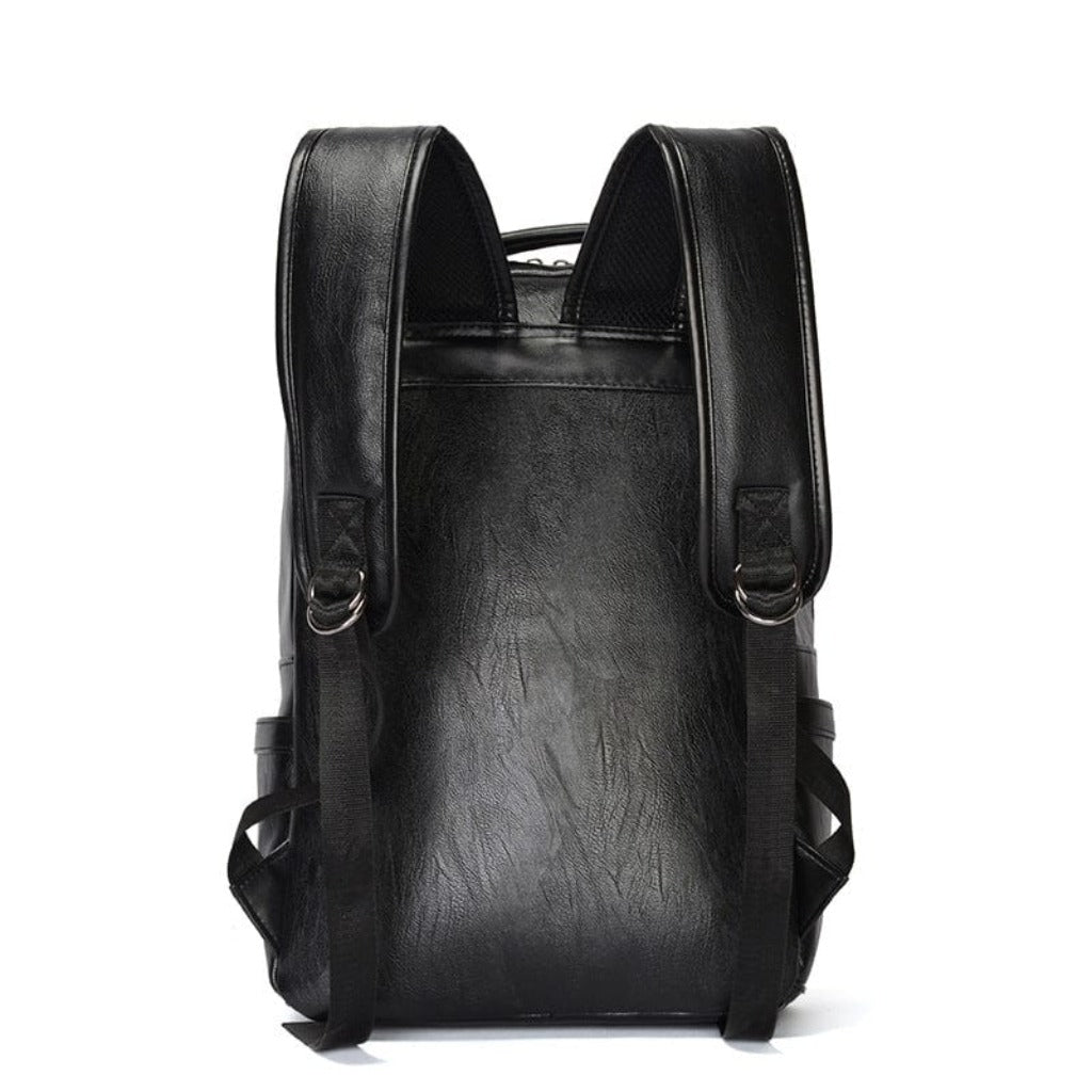 Designer brand black leather backpack with a traditional touch