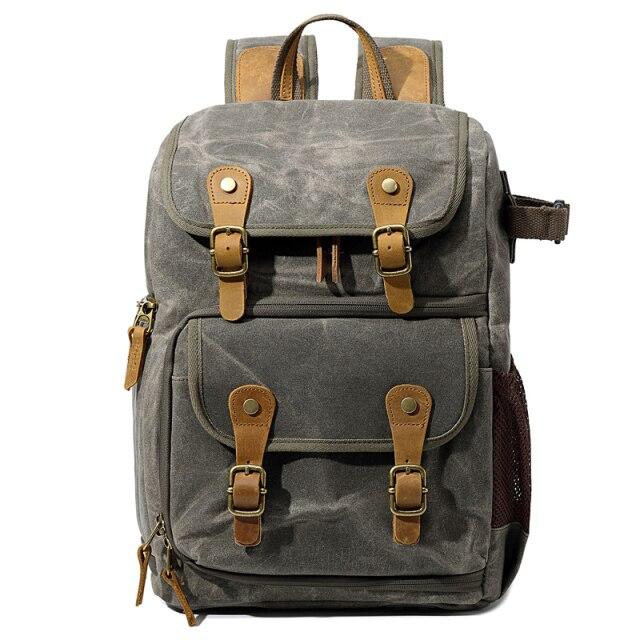 Durable Canvas Camera Bag with Padded Compartments - Leather Purse Backpack