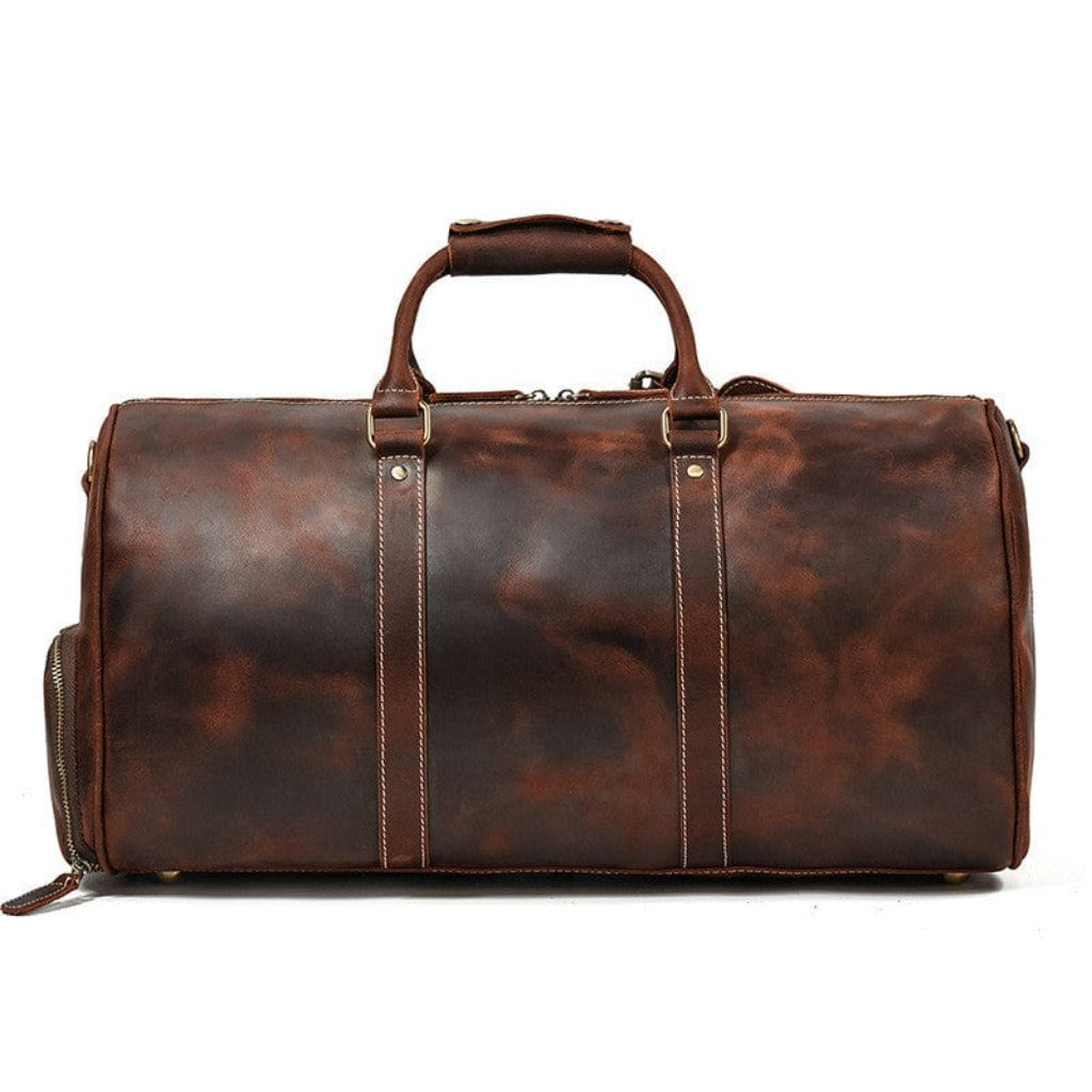 Contemporary brown leather crossbody gym duffle for men