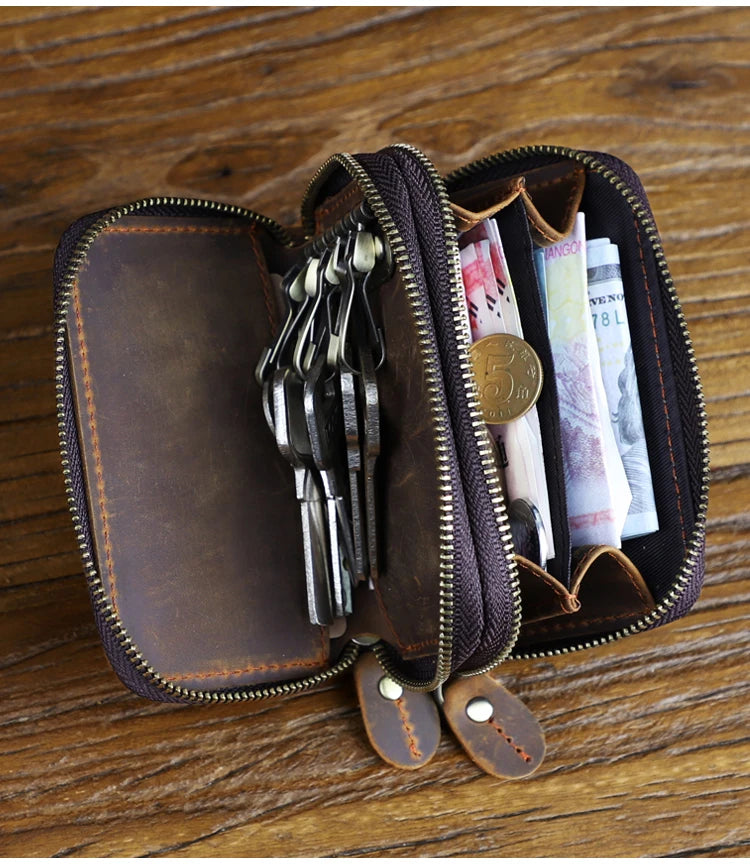 Genuine Leather Key Wallet, Double Zipper Key Organizer Pouch