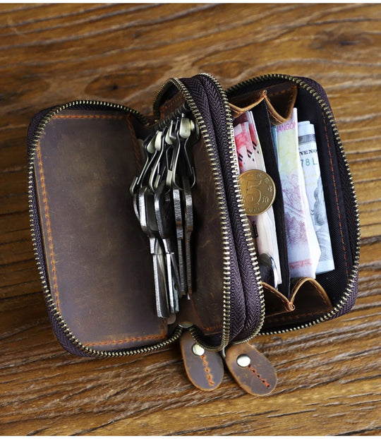 Genuine Leather Key Wallet, Double Zipper Key Organizer Pouch