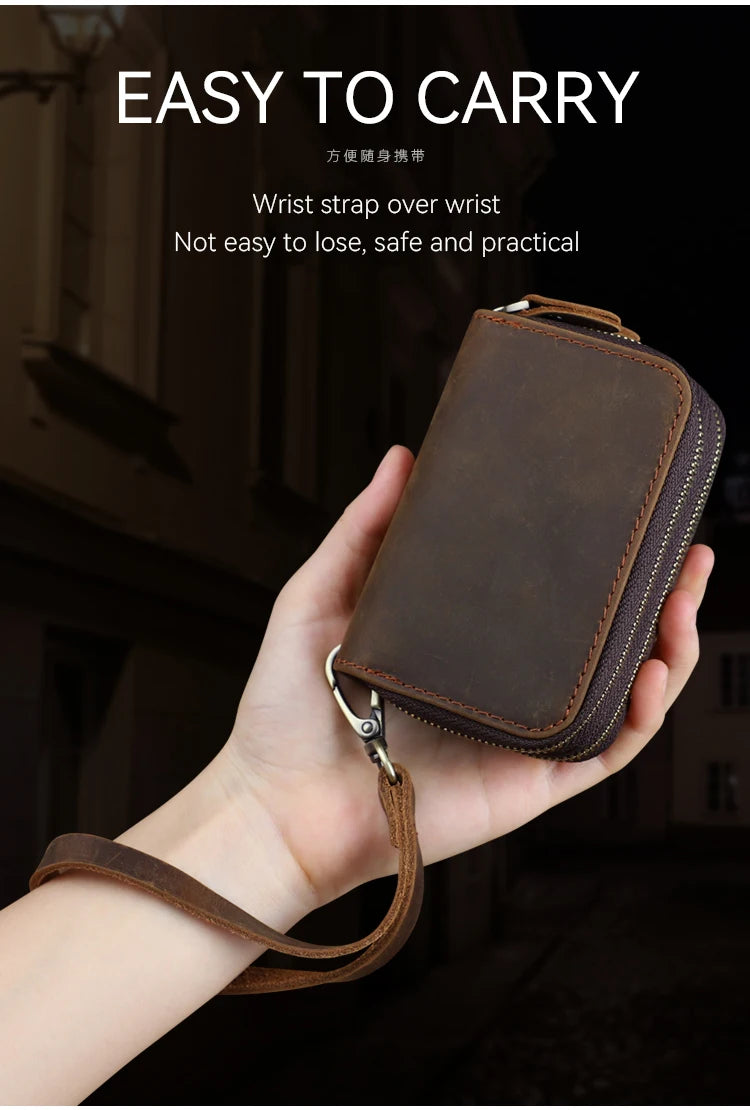 Genuine Leather Key Wallet, Double Zipper Key Organizer Pouch