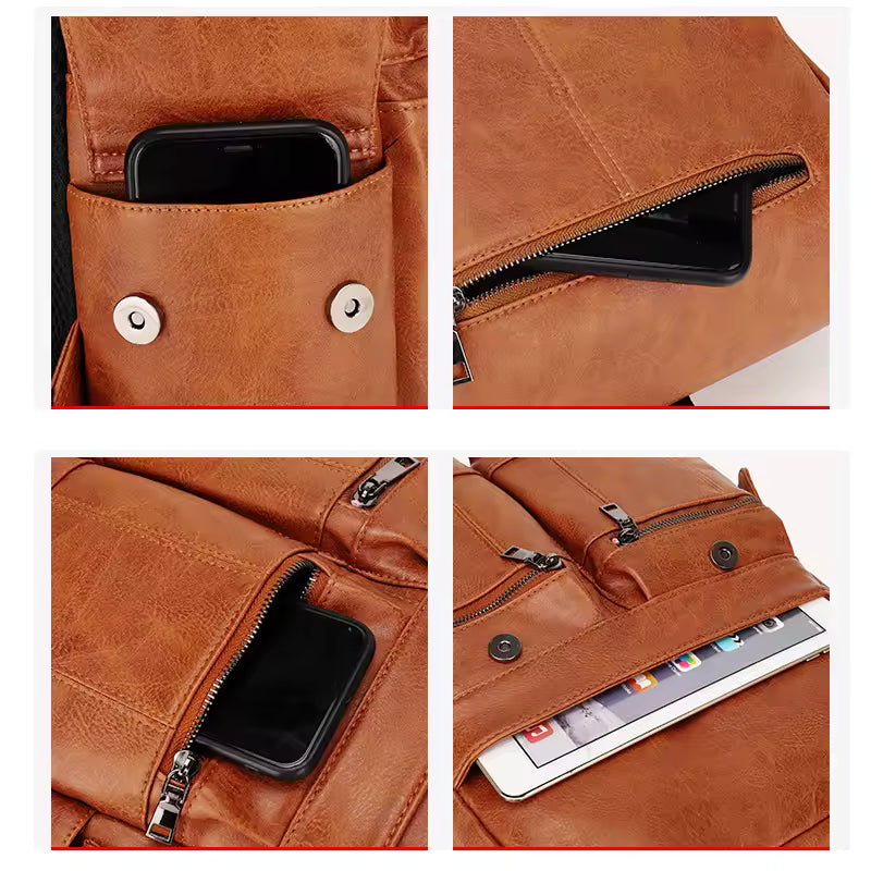 Fashion Leather School Backpack, Bag for Students, Waterproof Travel Bag, Casual Leather Book Bag Male