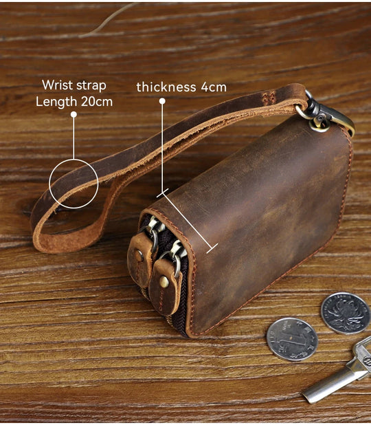 Genuine Leather Key Wallet, Double Zipper Key Organizer Pouch