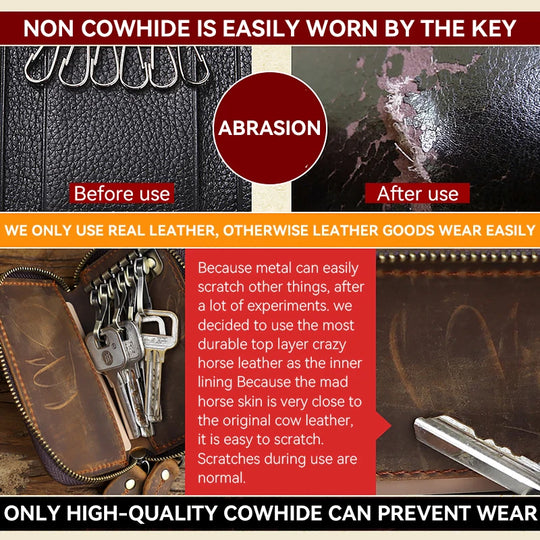 Genuine Leather Key Wallet, Double Zipper Key Organizer Pouch