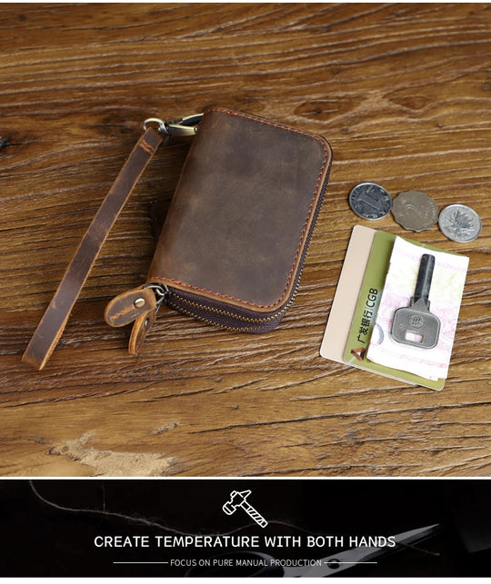 Genuine Leather Key Wallet, Double Zipper Key Organizer Pouch