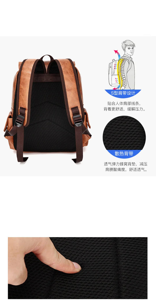 Men’s Leather Backpack, Waterproof Travel School Casual Bag