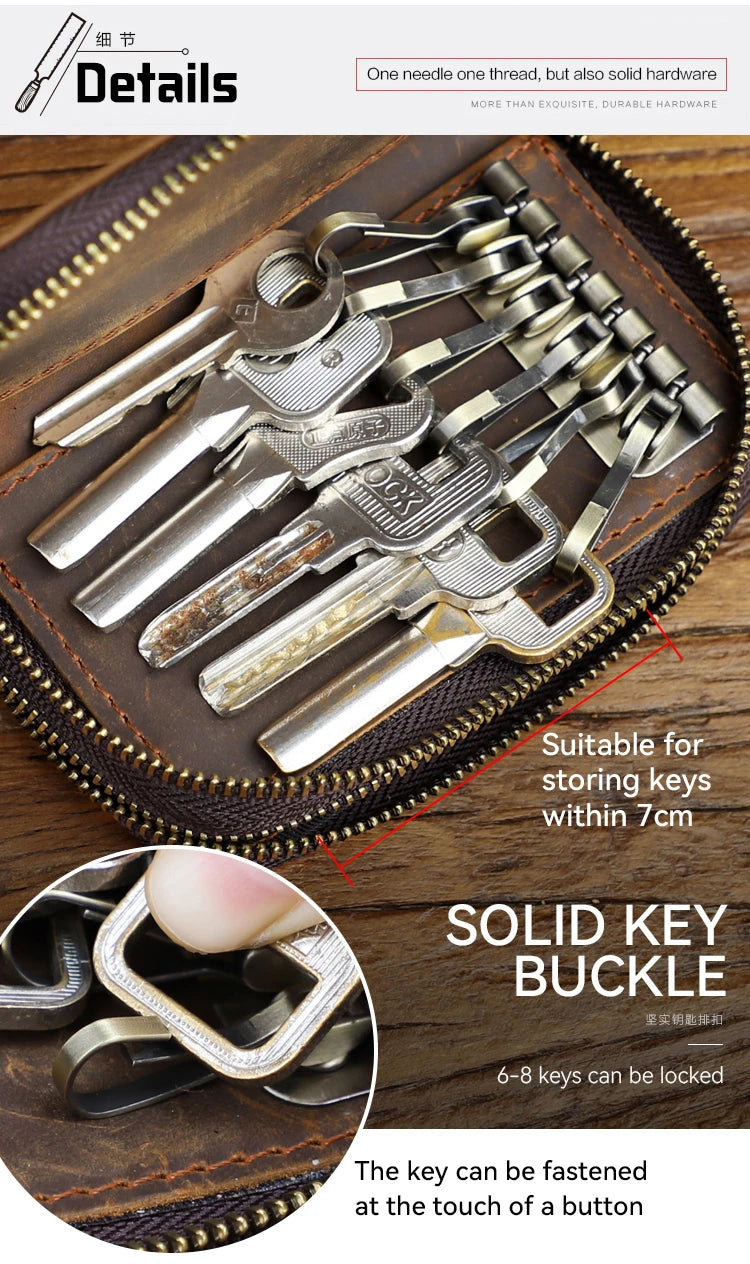 Genuine Leather Key Wallet, Double Zipper Key Organizer Pouch