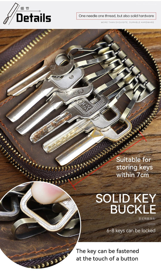 Genuine Leather Key Wallet, Double Zipper Key Organizer Pouch