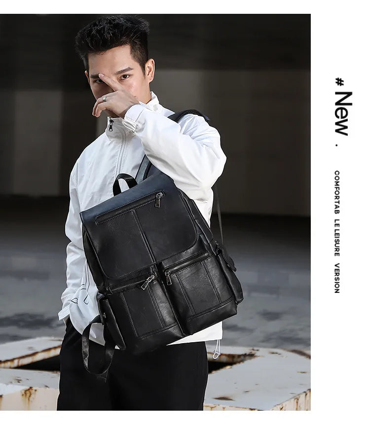 Men’s Leather Backpack, Waterproof Travel School Casual Bag