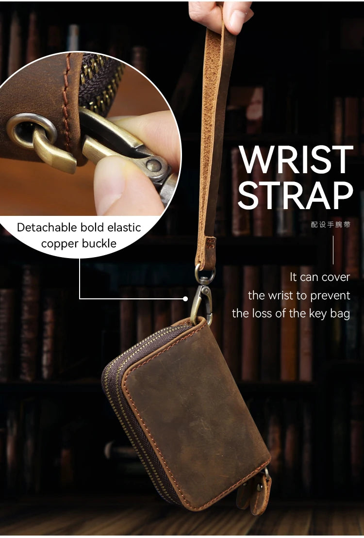 Genuine Leather Key Wallet, Double Zipper Key Organizer Pouch