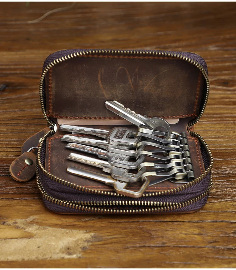 Genuine Leather Key Wallet, Double Zipper Key Organizer Pouch