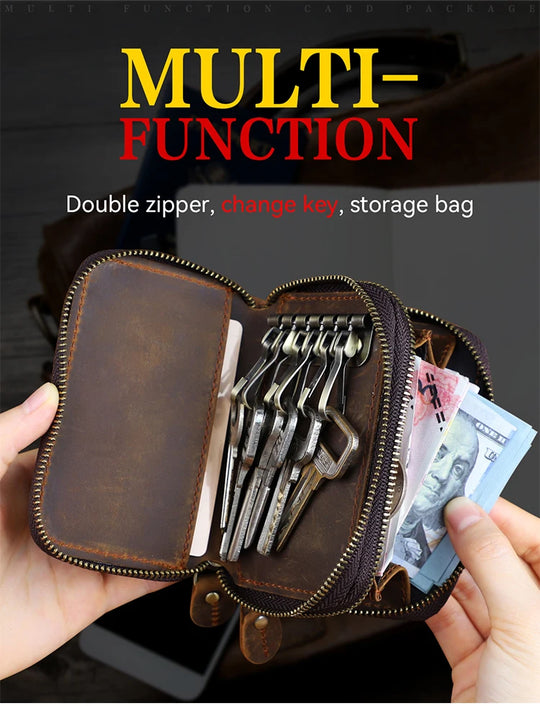 Genuine Leather Key Wallet, Double Zipper Key Organizer Pouch