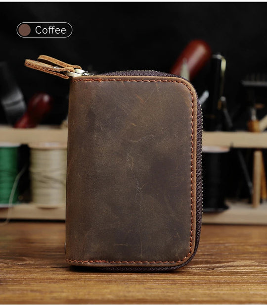 Genuine Leather Key Wallet, Double Zipper Key Organizer Pouch