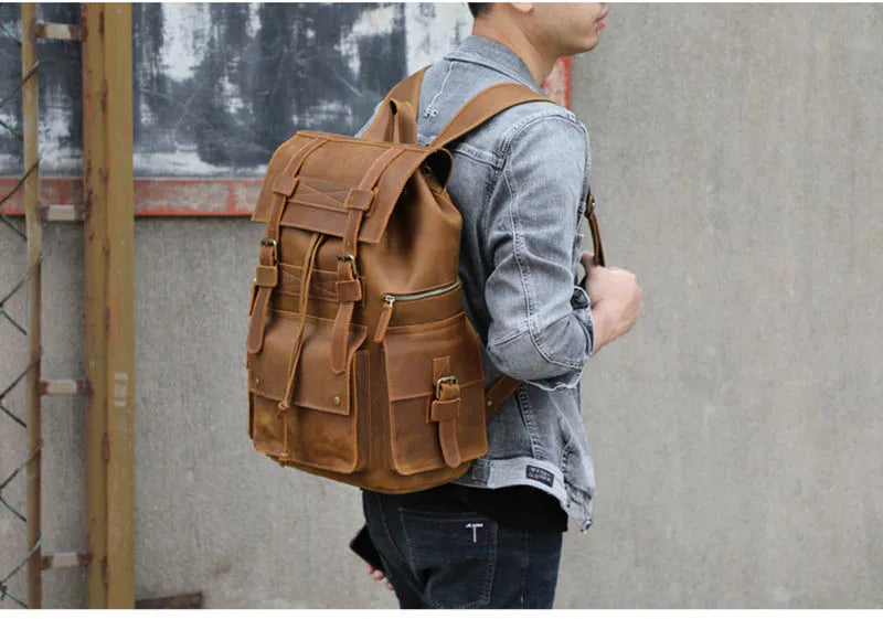 Men’s Genuine Leather Backpack, 17" Laptop Large Travel Bag