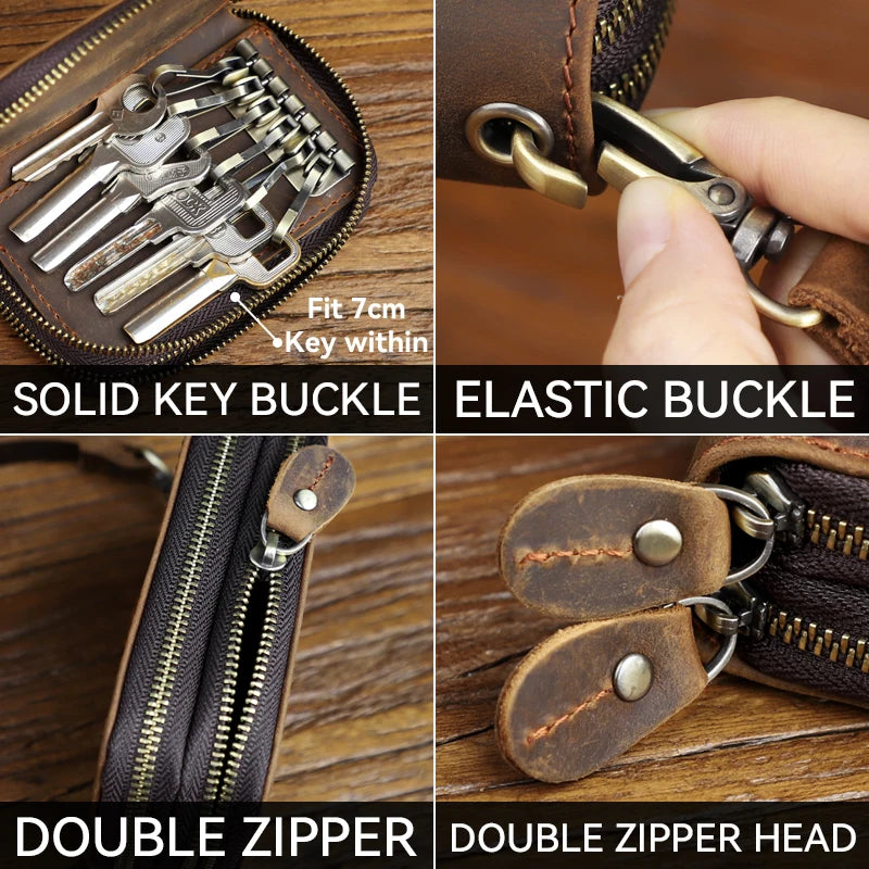 Genuine Leather Key Wallet, Double Zipper Key Organizer Pouch