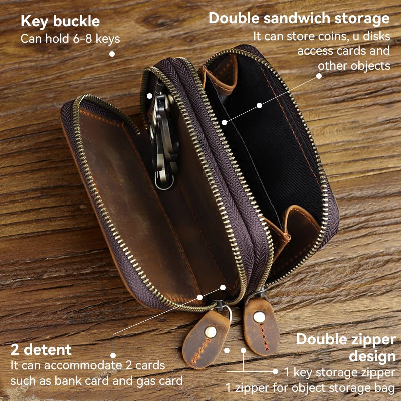 Genuine Leather Key Wallet, Double Zipper Key Organizer Pouch